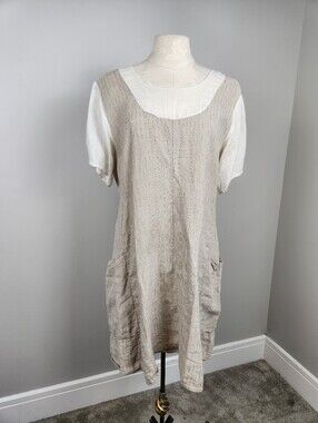 VTG FLAX Jeanne Engelhart Linen Dress Oversized Textured Lagenlook Pockets Sz M